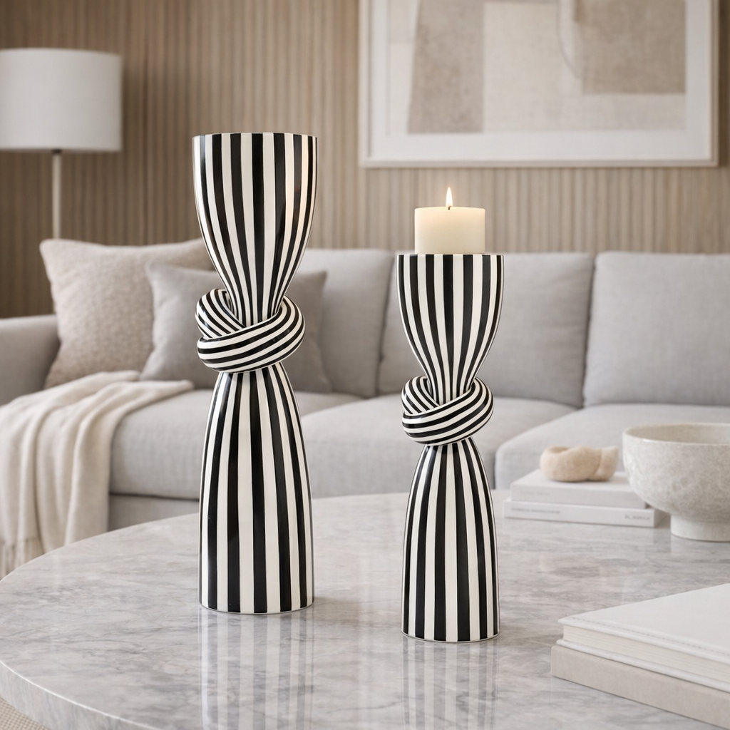 Eleganter Schwarz Wei Gestreifter Kerzenhalter Mit Seilknoten ELANNA eleganter-schwarz-wei-gestreifter-kerzenhalter-mit-seilknoten-elanna